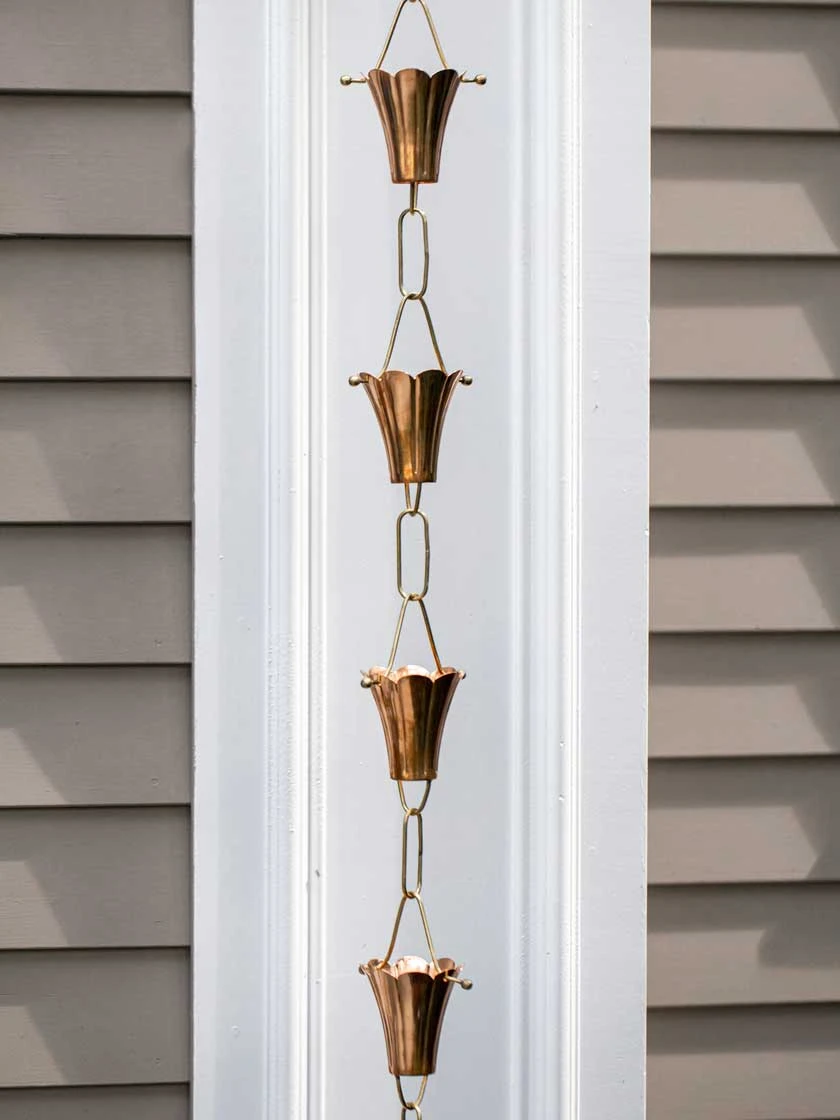 Fluted Flower Pure Copper Rain Chain, 8.5' - Image 3