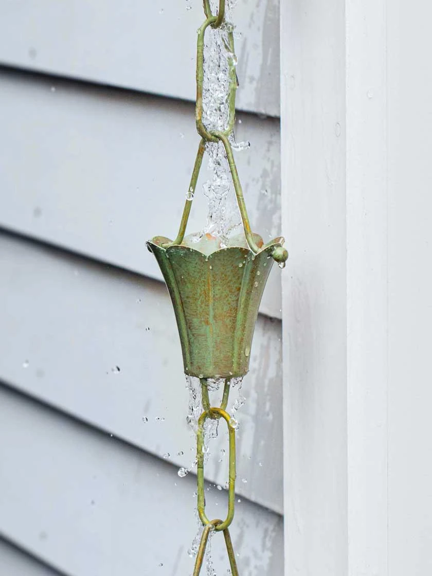 Fluted Flower Pure Copper Rain Chain, 8.5' - Image 4